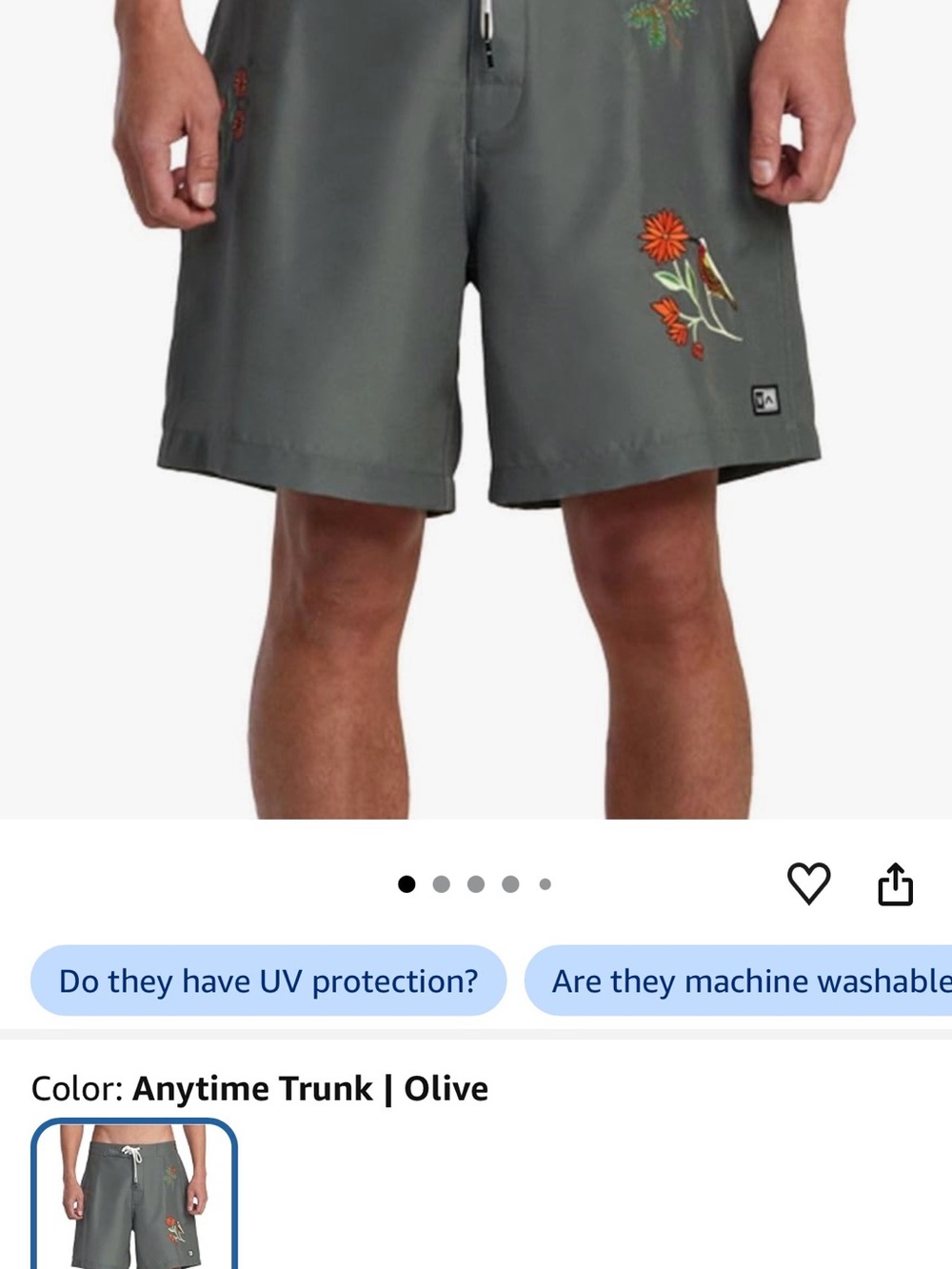 RVCA Sage Green Swim Shorts with Floral & Bird Embroidery